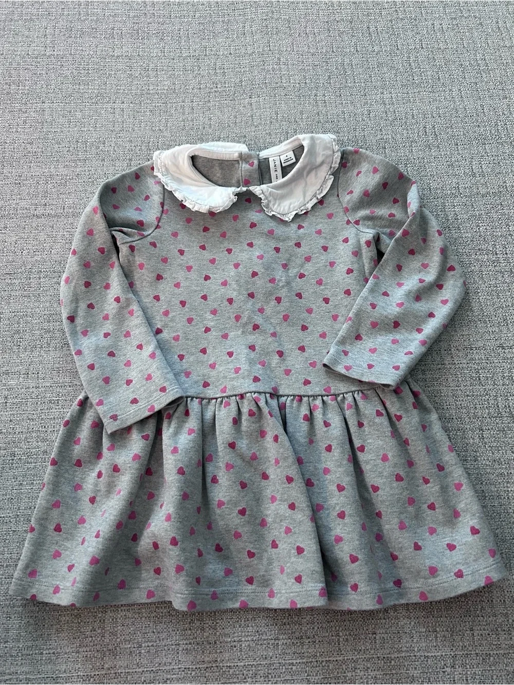 Janie and Jack Gray Dress with Pink Heart Print and White Collar. Size 4